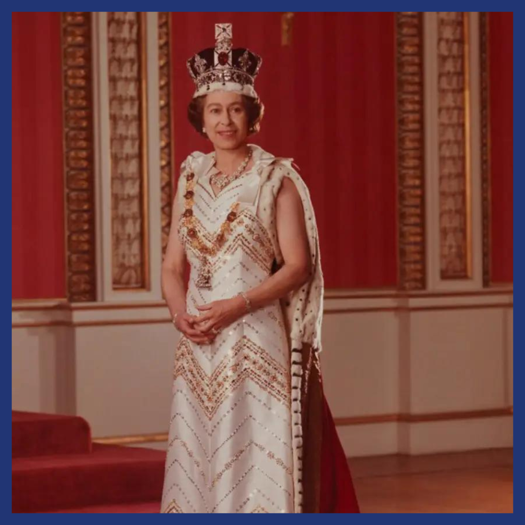 A portrait of Queen Elizabeth II wearing a gown, cape, and crown for her Silver Jubilee in 1977.
