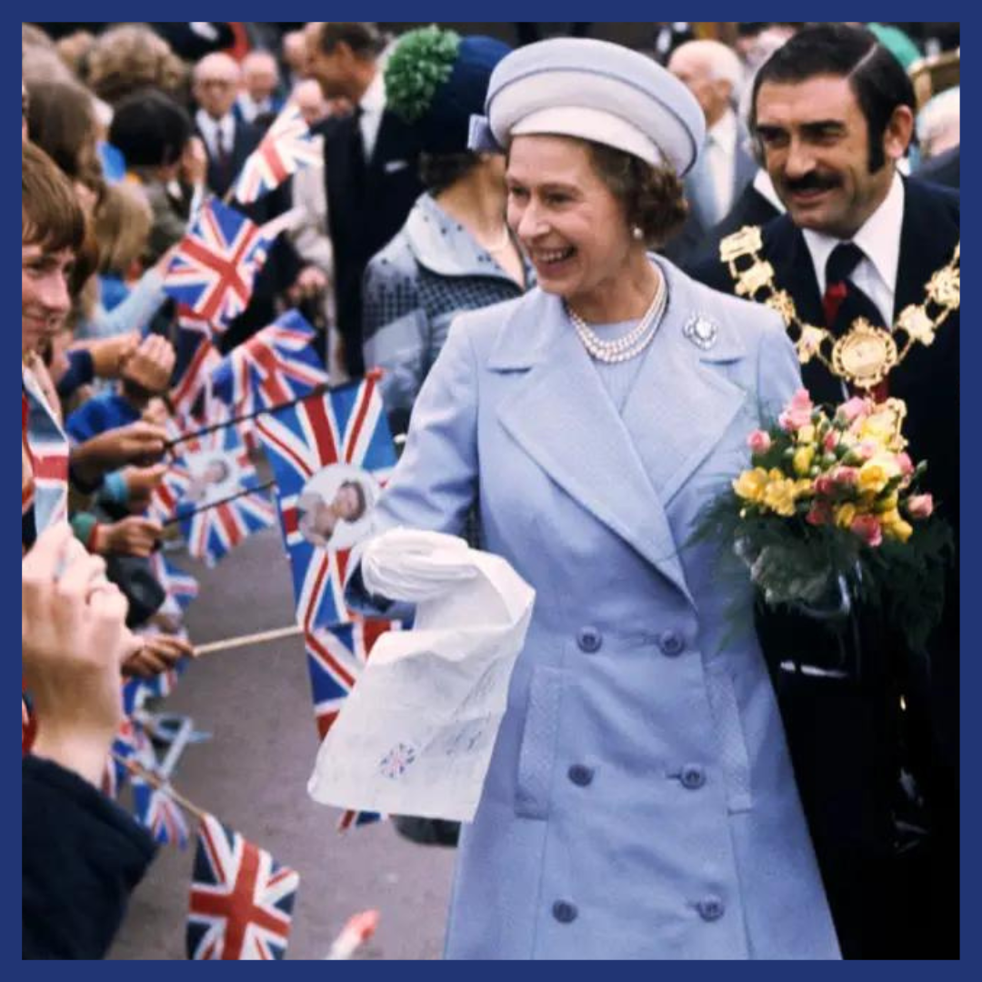 Queen Elizabeth II greeting the public at St. Katharine's Dock during her Silver Jubilee on June 9, 1977. 