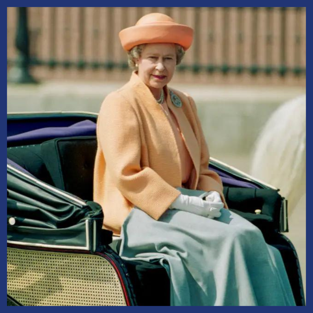 Queen Elizabeth II at the Trooping the Color on June 13, 1992 in celebration of her Ruby Jubilee.