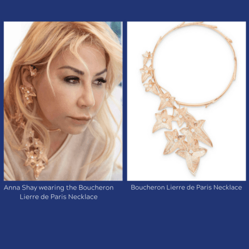 Blonde woman in gold necklace and the necklace on it's own.