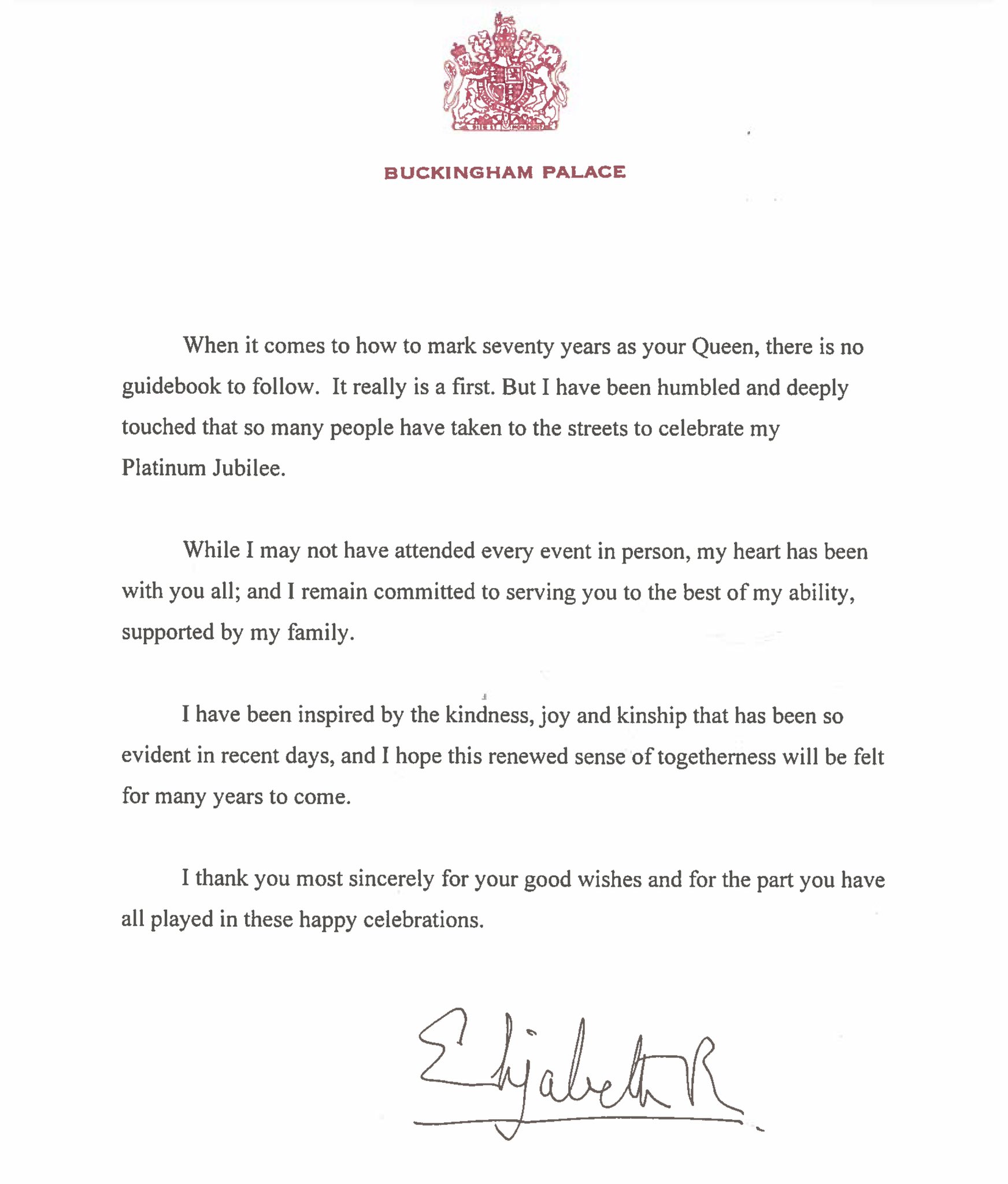 Queen Elizabeth II Platinum Jubilee Thank You Statement. 