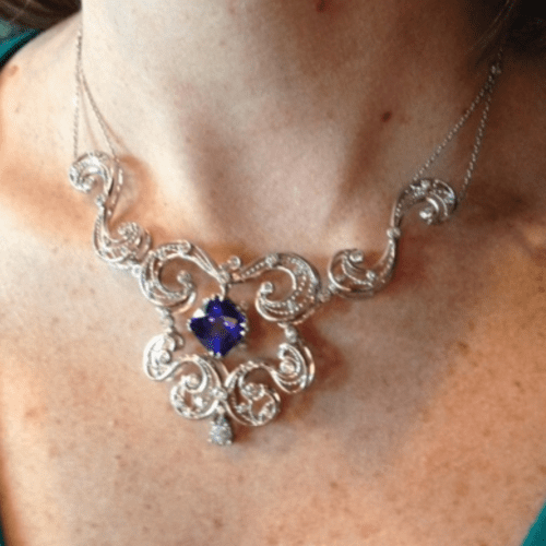 large diamond necklace with Tanzanite heart