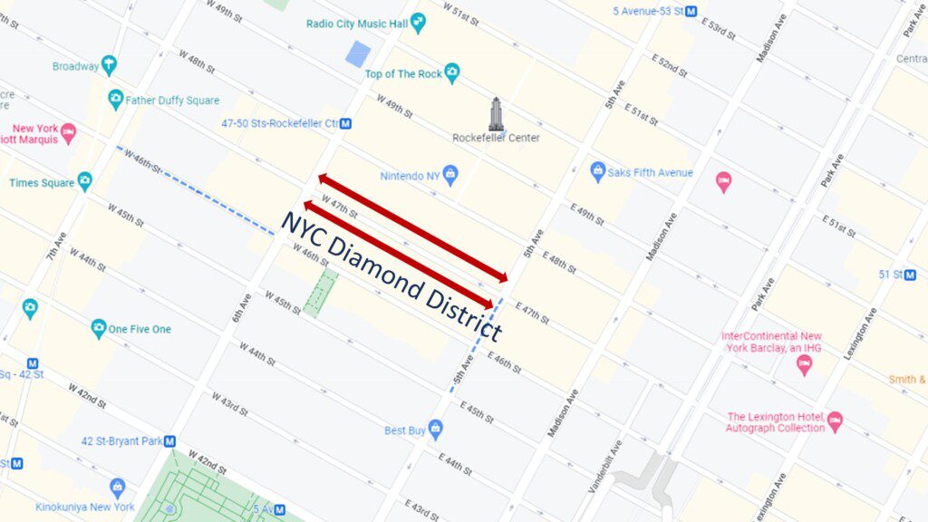 Maps showing where in NYC the diamond district is located at, two arrows along W 47th St