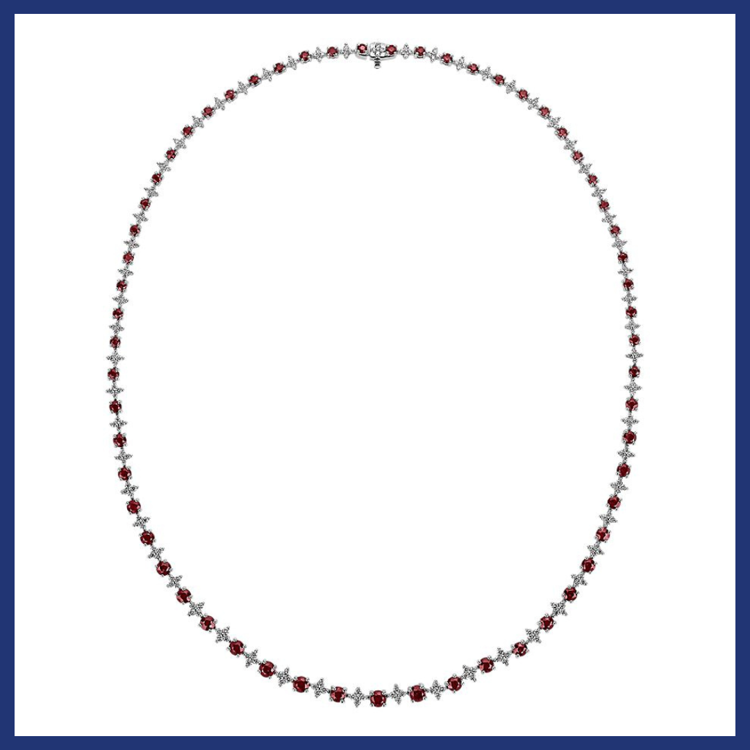 Ruby & Diamond Graduated Eternity Necklace in 18k White Gold.