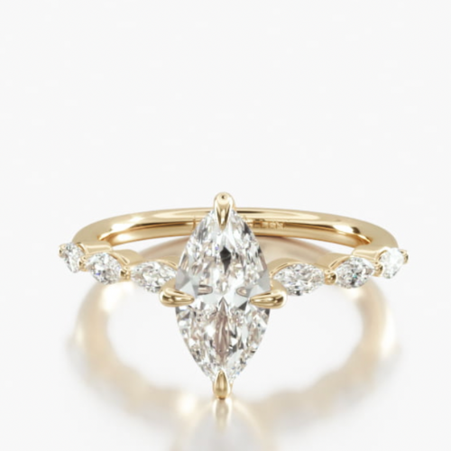 14K Yellow Gold Shared Prong Marquise Side Stone Diamond Engagement Ring.