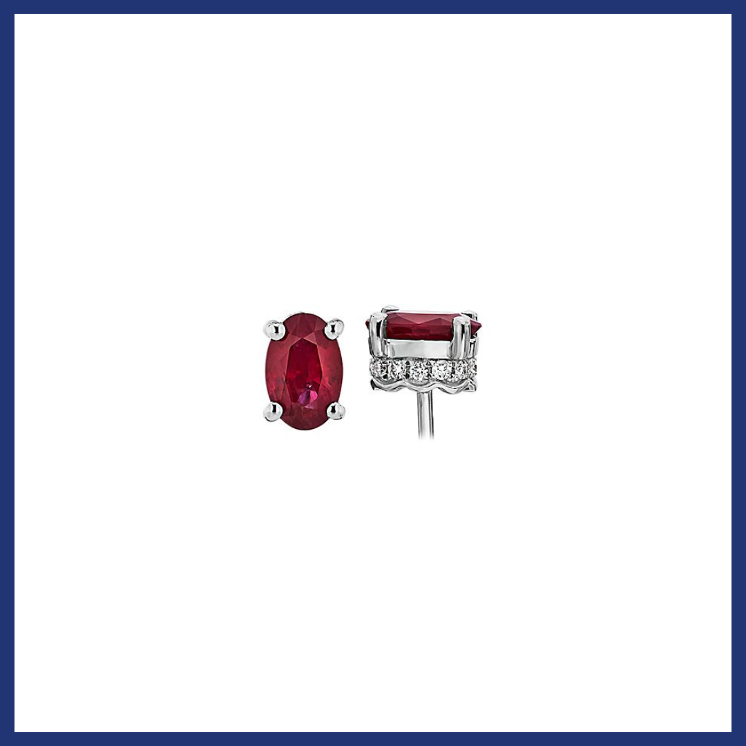 Oval Ruby and Diamond Earrings in 14k White Gold.