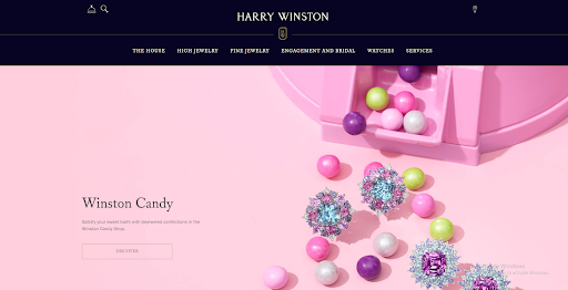 Homepage of Harry Winston, showing navigation and Winston candy