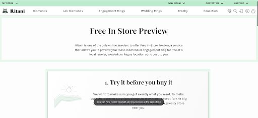 Ritani web page showing options for free in store preview