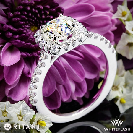 Ritani french set cushion halo engagement ring setting with Whiteflash diamond