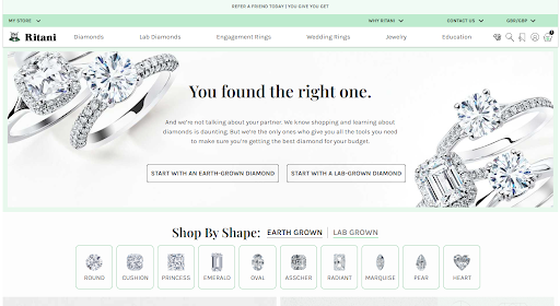 Ritani homepage showing navigation and diamonds by shape