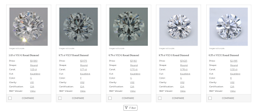 Shane Co loose diamonds listing shows inconsistent loose diamond images and specifications