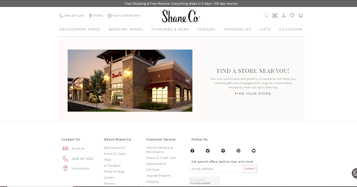 Shane Co find a store page showing shane co store front and find a store near you locator 