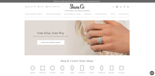 Image of the Shane Co home page shows diamond shapes