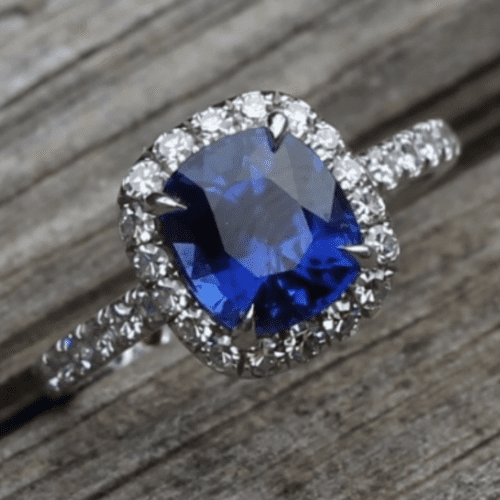 sapphire ring in diamond halo