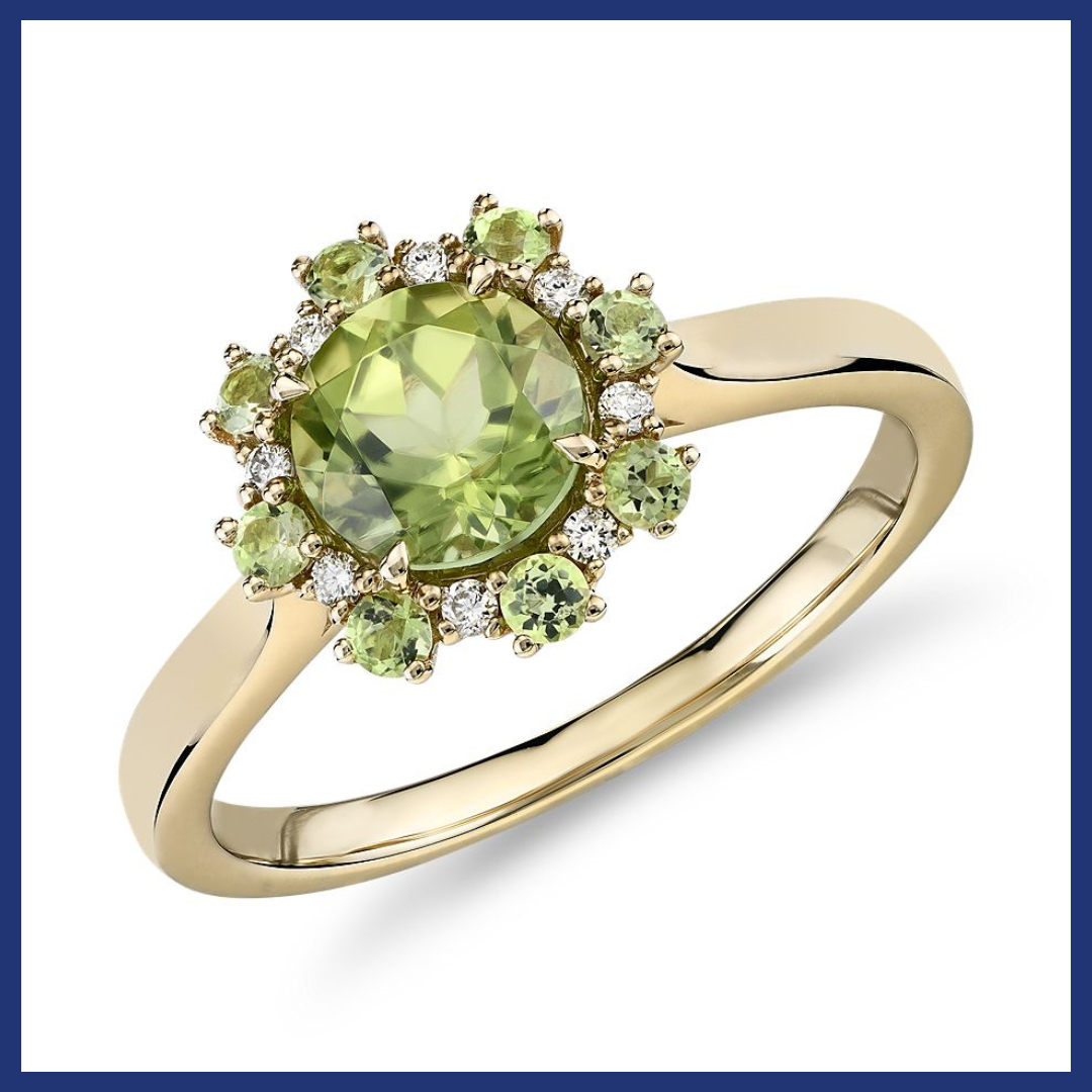 Peridot Ring with Peridot and Diamond Halo in 14k Yellow Gold.