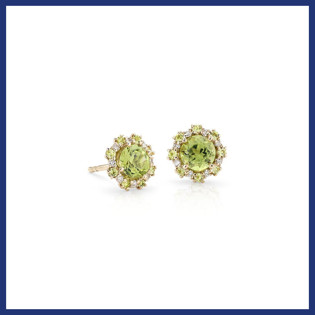 Peridot Earrings with Peridot and Diamond Halo in 14k Yellow Gold.