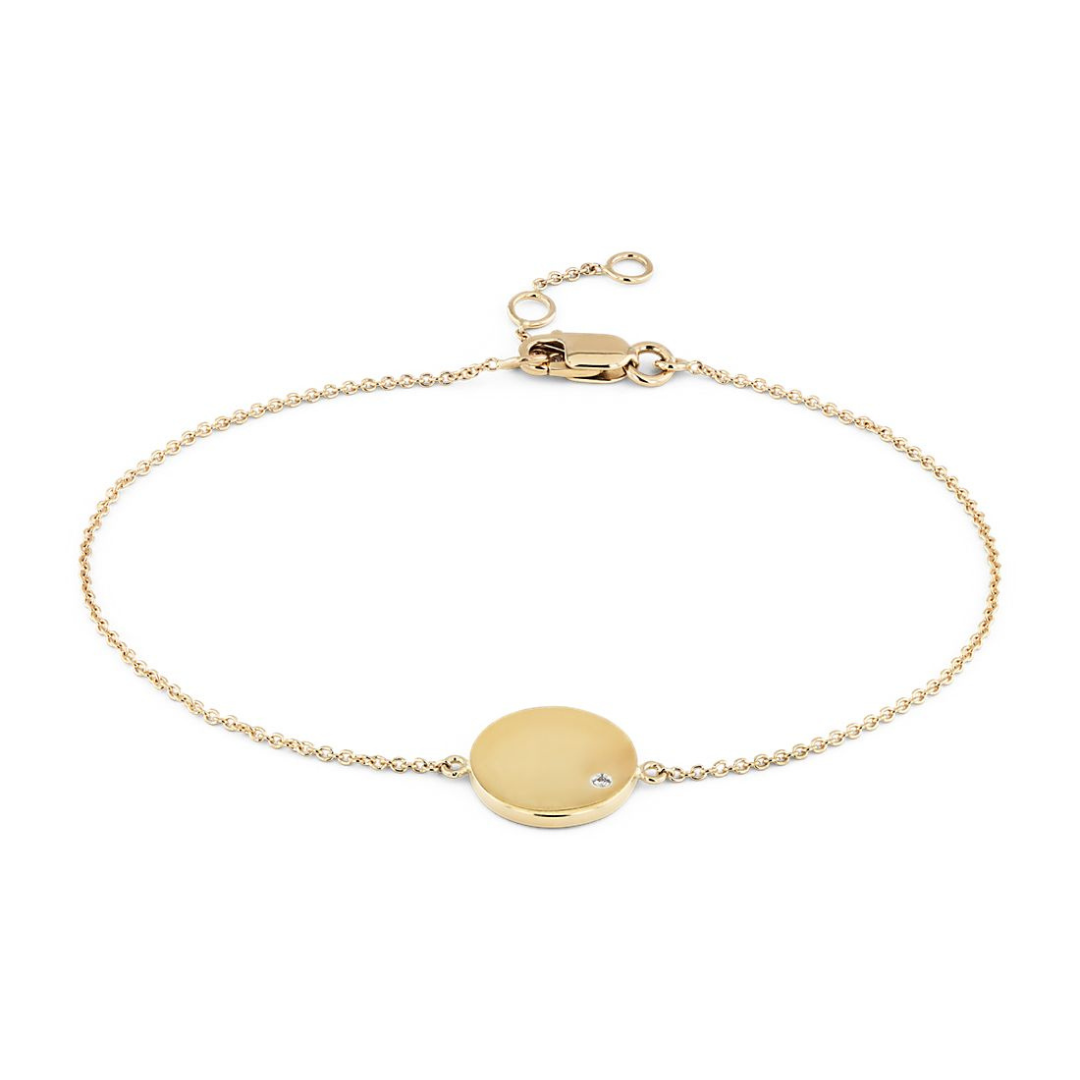 Mini Diamond Accented Engravable Disc Bracelet in 14k Yellow Gold.