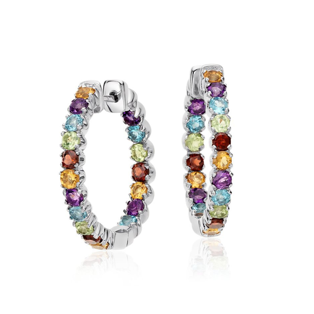 Multicolored Gemstone Hoop Earrings in Sterling Silver.