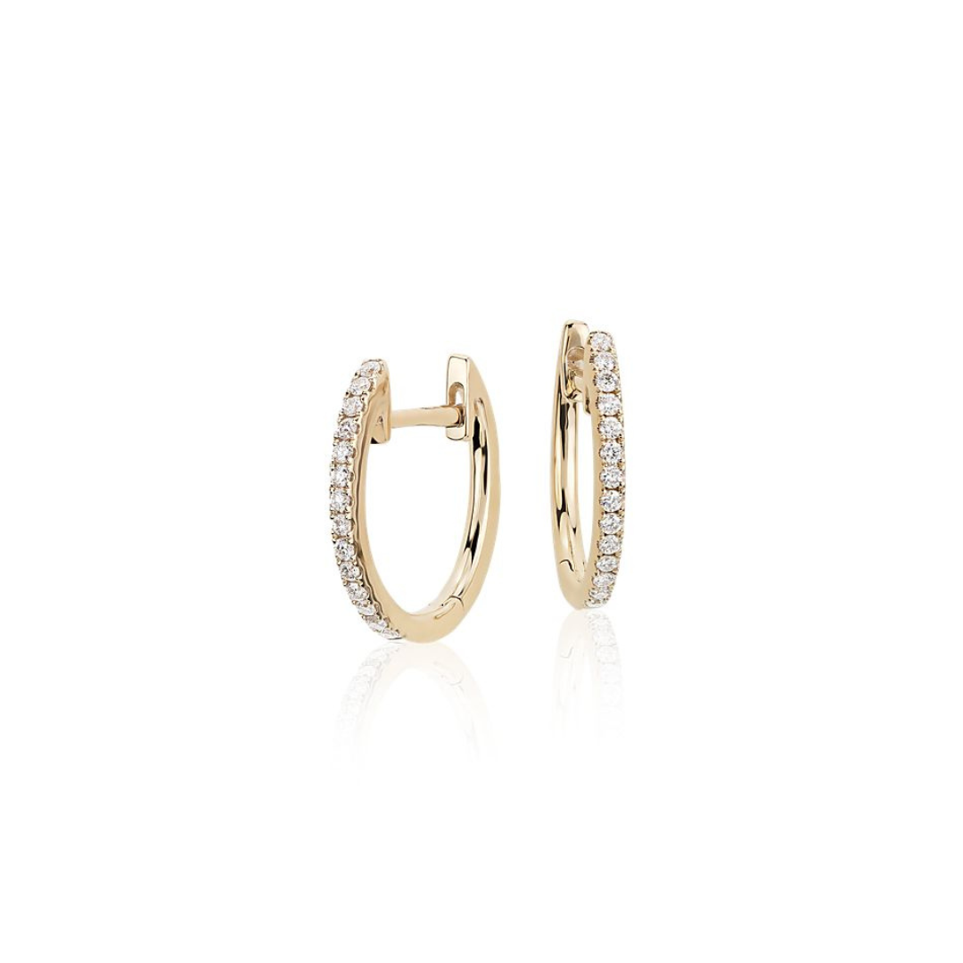 Petite Diamond Huggie Hoop Earrings in 14k Yellow Gold.