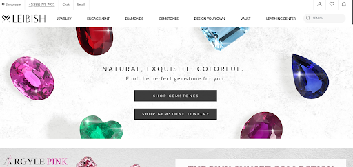 Leibish and Co's homepage, showing exquisite colored diamonds as their heading image