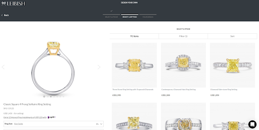 Leibish & Co webpage, displaying various diamonds in different ring setting environments