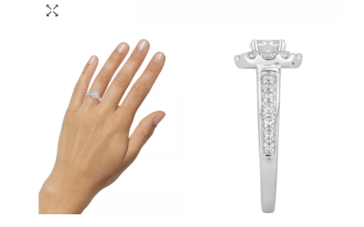 Side by side view of a hand with a diamond ring on the ring finger, and the side profile of the diamond ring 