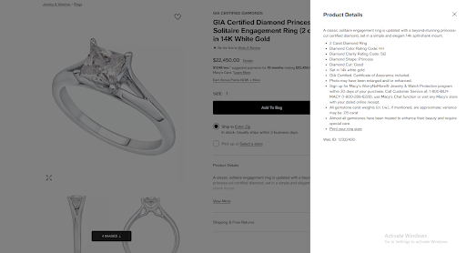 Macy's webpage displaying a diamond princess solitaire engagement ring, with all the relevant product details listed on the right hand side