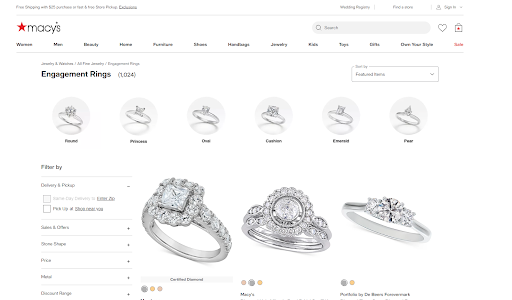 Macy's website with engagement rings, showing six different types of diamonds available with a filter section