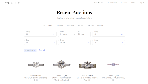 Worthy's auction page, showing easily filterable settings and four diamonds at the bottom of the page