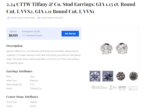 Worthy auction page, showing 1.13 carrot round cut Tiffany & Co Stud Earrings, with a description of the auction and attributes underneath the description 