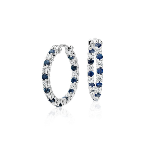 Luna Sapphire and Diamond Hoop Earrings in 18k White Gold.