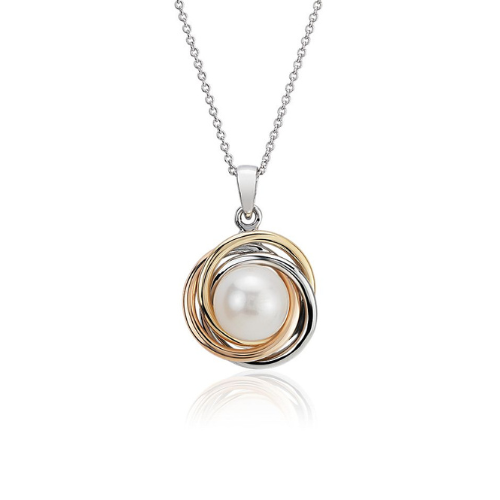 Tri-Color Love Knot Pendant with Freshwater Cultured Pearl in 14k White, Yellow and Rose Gold.