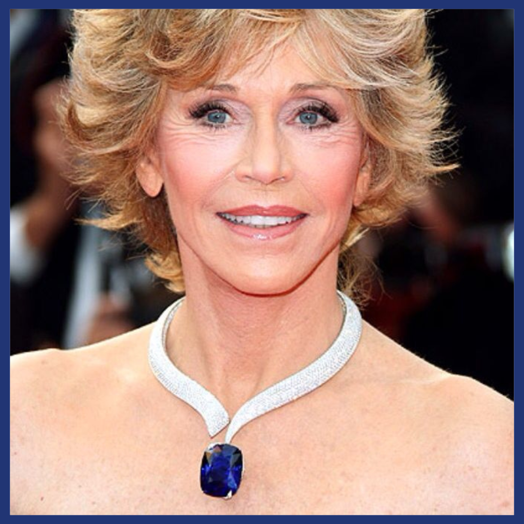 Jane Fonda wearing sapphire.