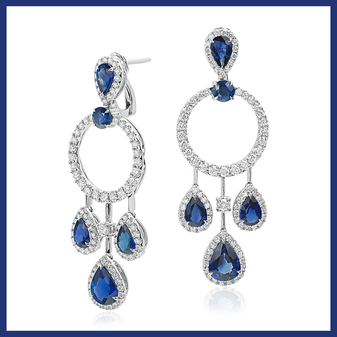 Pear Shape Sapphire and Diamond Drop Earrings in 18k White Gold.