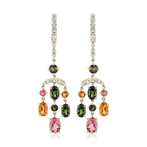 Tourmaline and Citrine Diamond Chandelier Earrings in 14k Yellow Gold.