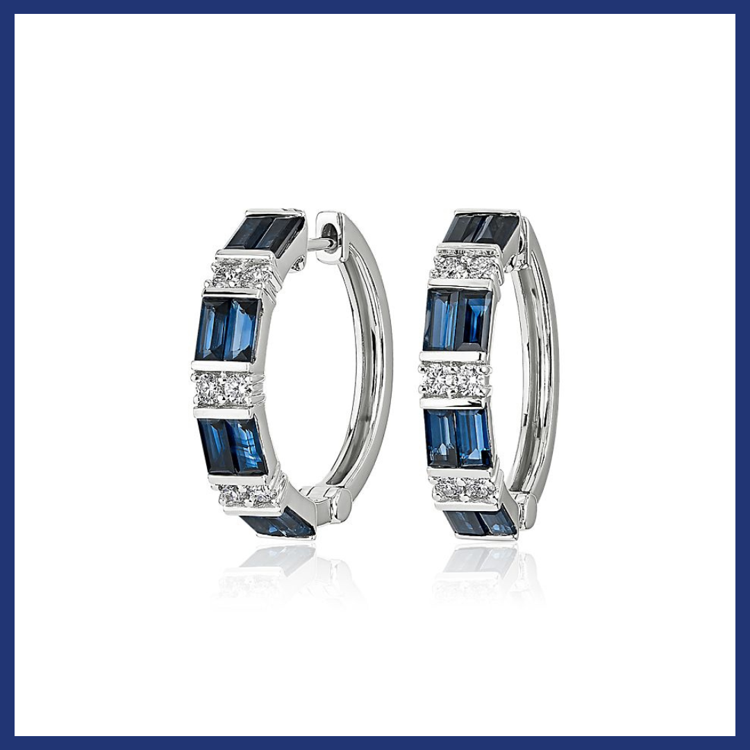 Alternating Sapphire Baguette and Round Diamond Hoop Earrings in 14k White Gold.