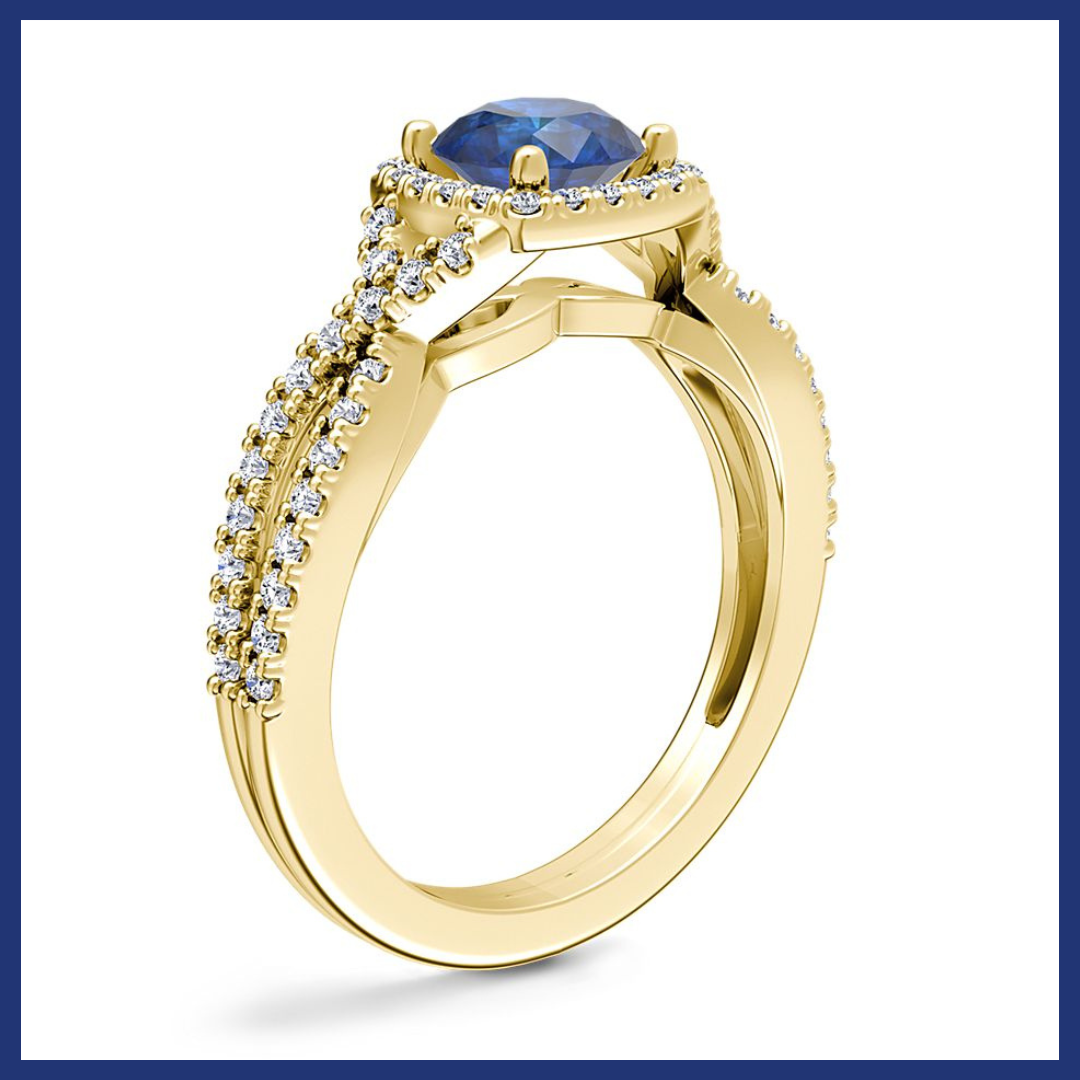 Twist Halo Diamond Engagement Ring with Round Sapphire in 14k Yellow Gold.