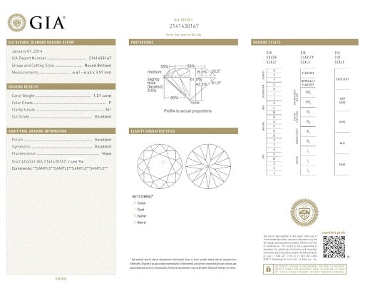 GIA certification for 1 carat round brilliant shaped diamond with excellent cut grade and f color grade