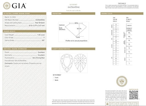 GIA certification for 1 carat brilliant pear shaped diamond with vs 1 clarity grade