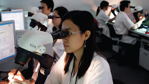 Gemological institute of America (gia) grading lab expert looking at diamond under microscope
