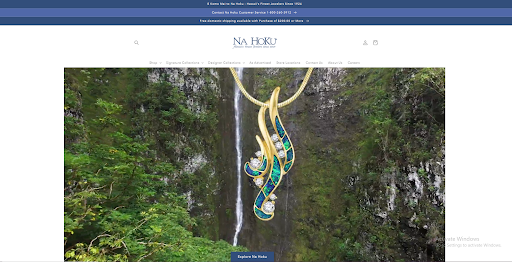 Na Hoku's homepage, with an iconic piece of jewelry in front of a waterfall 