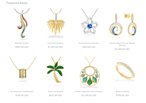 A variety of unique Hawaiian jewelry on display on the Na Hoku website 