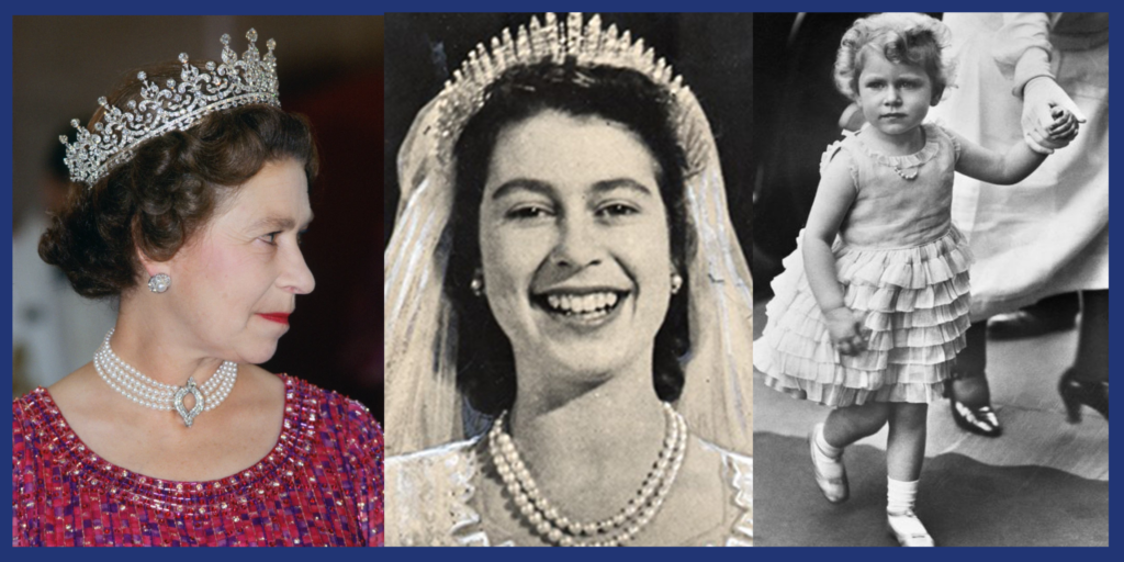 3 Images of Queen Elizabeth II in pearls: Matron, Bride, and Little Girl.