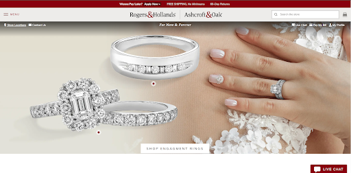 Rogers and Hollands easily navigable homepage, with three diamond engagement rings displayed, and an option to shop for engagement rings underneath