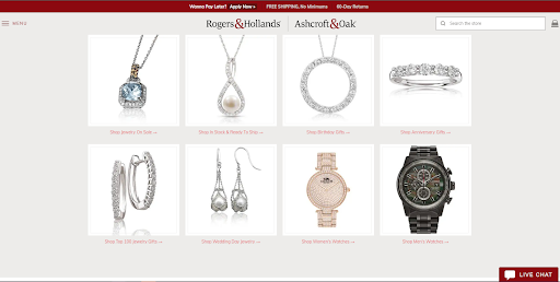 Rogers and Hollands webpage displaying a variety of jewelry and watches on offer