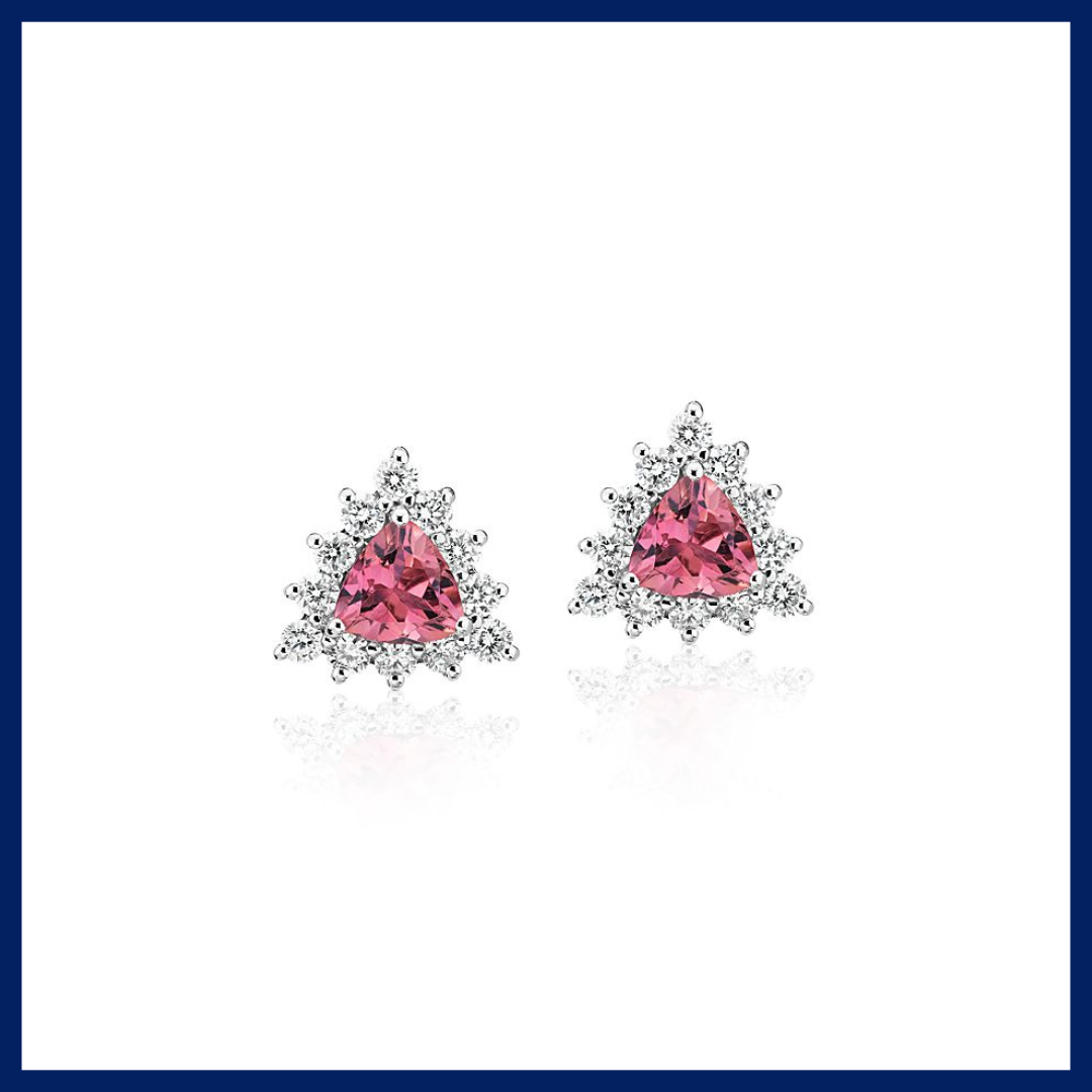 Pink Tourmaline Trillion Earrings with Diamond Halo in 14k White Gold