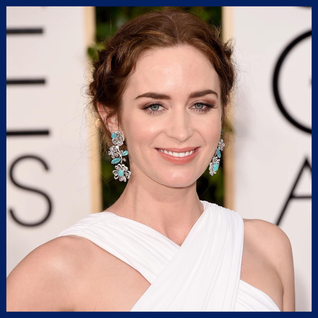 Emily Blunt wearing tourmaline on the red carpet.