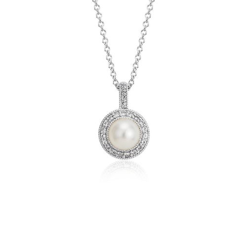 Vintage-Inspired Freshwater Cultured Pearl and White Topaz Halo Pendant in Sterling Silver.