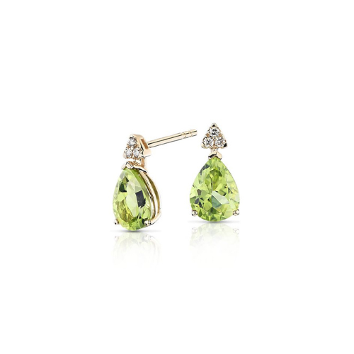 Pear-Shaped Peridot Earrings with Diamond Trio in 14k Yellow Gold.