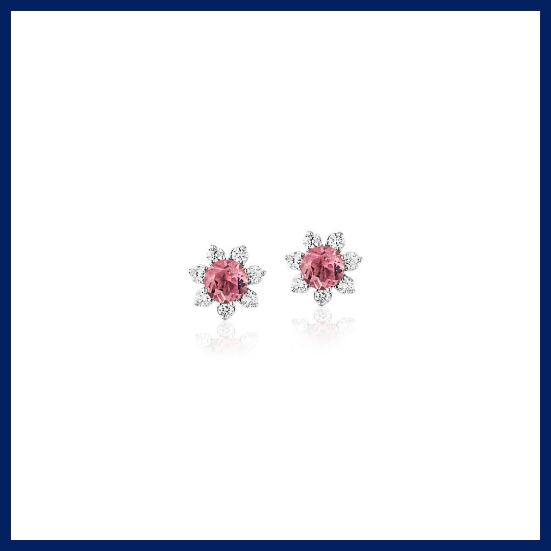 Mini Pink Tourmaline Earrings with Diamond Blossom Halo in 14k White Gold